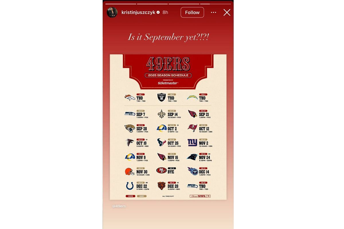 Kyle Juszczyk's wife Kristin has a 4-word reaction after the 49ers release 2025 NFL season schedule (Instagram @kristinjuszczyk)